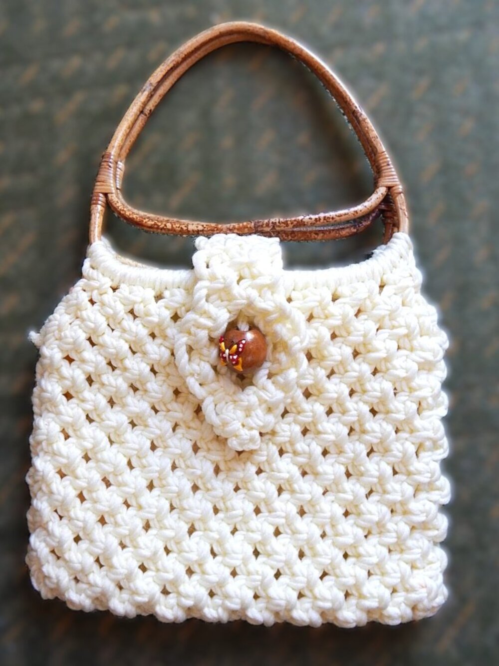 1970's Crocheted Handbag with Bamboo Handles & Butterfly Bead